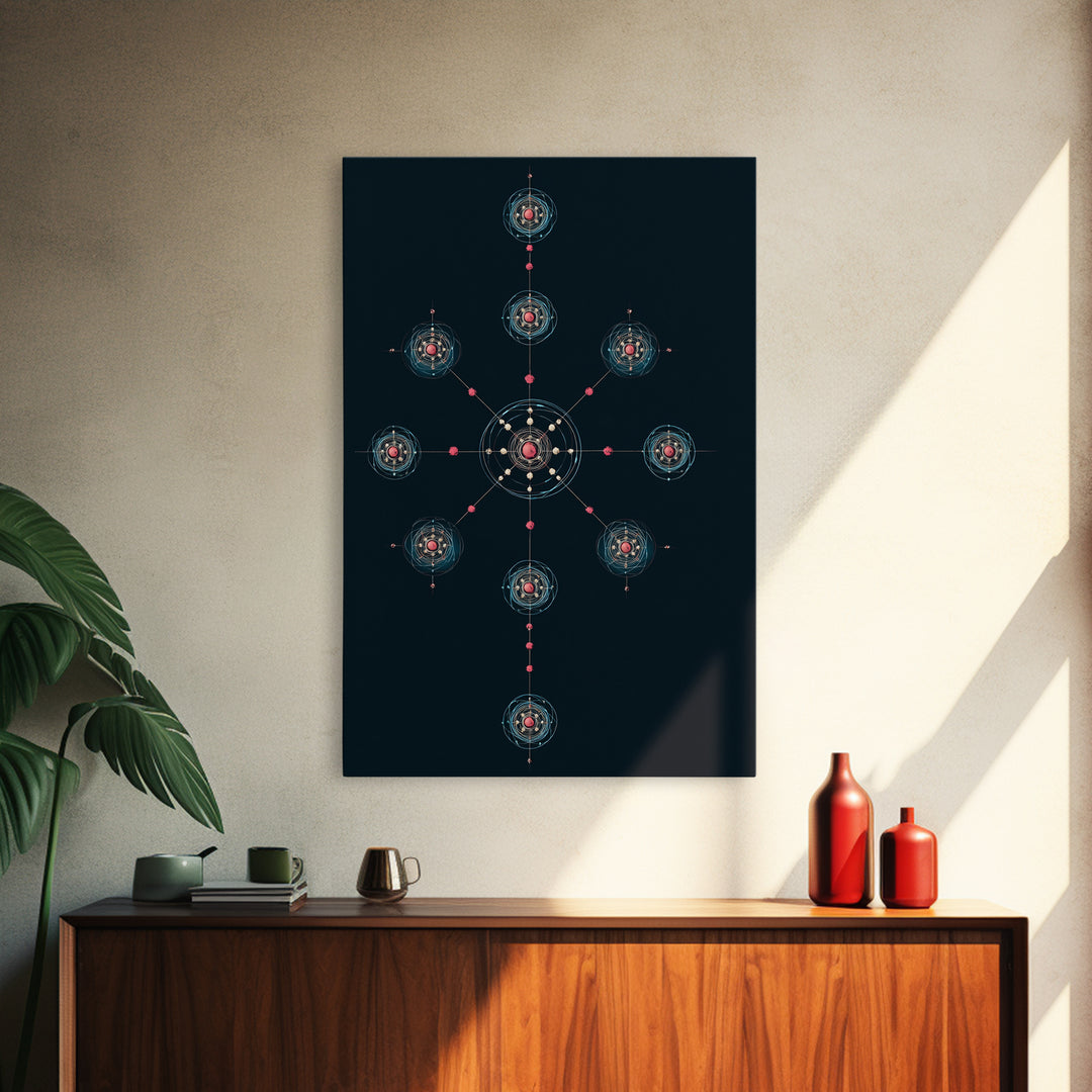 Dark Teal Atomic Molecule Diagram Framed Canvas Print, Modern Abstract Art, Midcentury Wall Art, Geometric Office Wall Decor