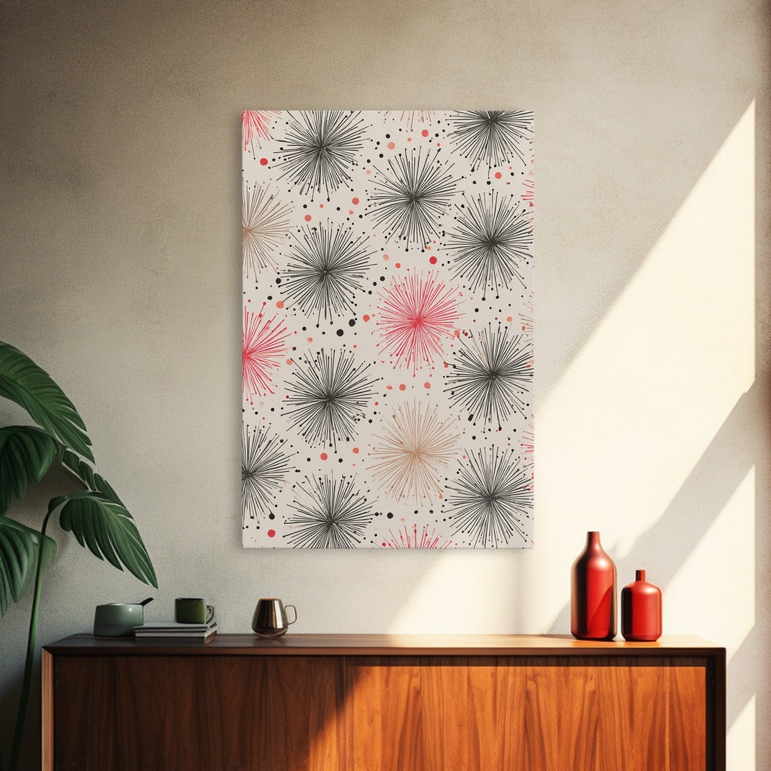 Pink Gray Atomic Starburst Pattern Canvas Print, Midcentury Modern Art, Retro Wall Art, Minimalist Nursery Decor, MCM Gift