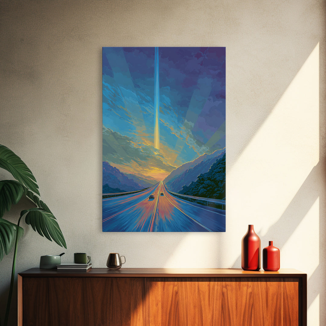 Mountain Highway Sunset Beam Canvas Print, Scenic Travel Wall Art, Modern Digital Art, Blue Orange Landscape Office Decor