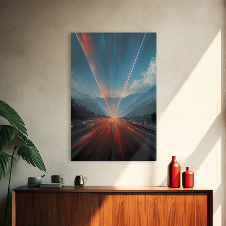 Sunrise Mountain Freeway Light Trails Wall Art, Modern Abstract Art, Scenic Travel Poster, Blue Orange Office Decor Print