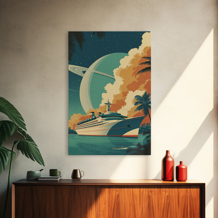 Tropical Cruise Ship Under Saturn Sky Framed Canvas Print, Mid Century Modern Art, Retro Travel Poster, Palm Tree Decor Print