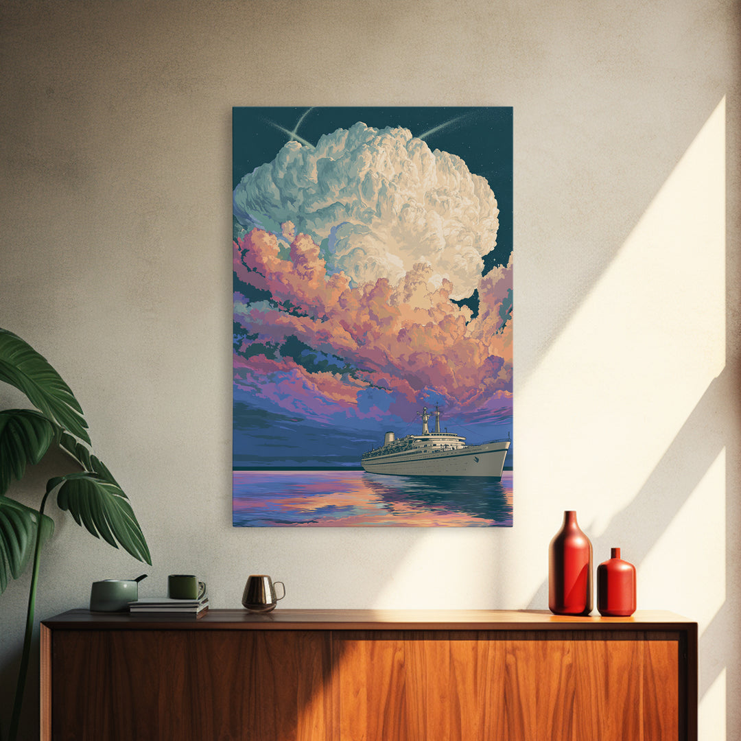 Ocean Liner Under Pastel Cloudscape Wall Art, Modern Art Print, Scenic Sunset Poster, Coastal Home Decor, Living Room Art
