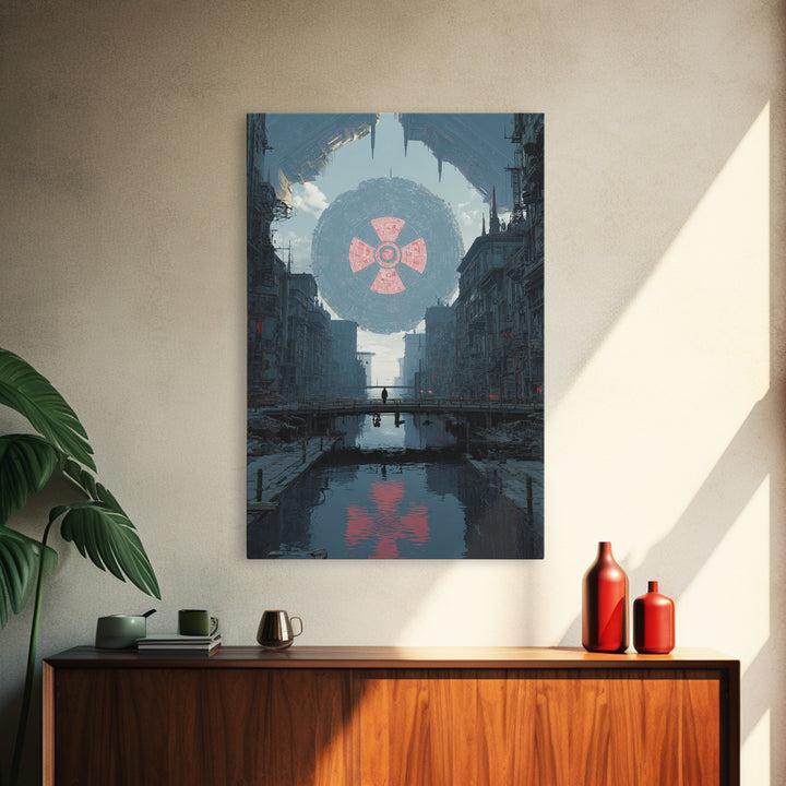 Dystopian Canal City With Giant Orb Wall Art, Modern Sci Fi Poster, Futuristic Cityscape Print, Industrial Home Decor Art