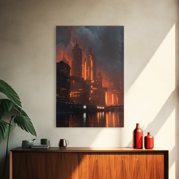 Burning Neon Futuristic Skyline Framed Canvas Print, Modern Wall Art, Dark Sci Fi City Poster, Orange Black Industrial Decor