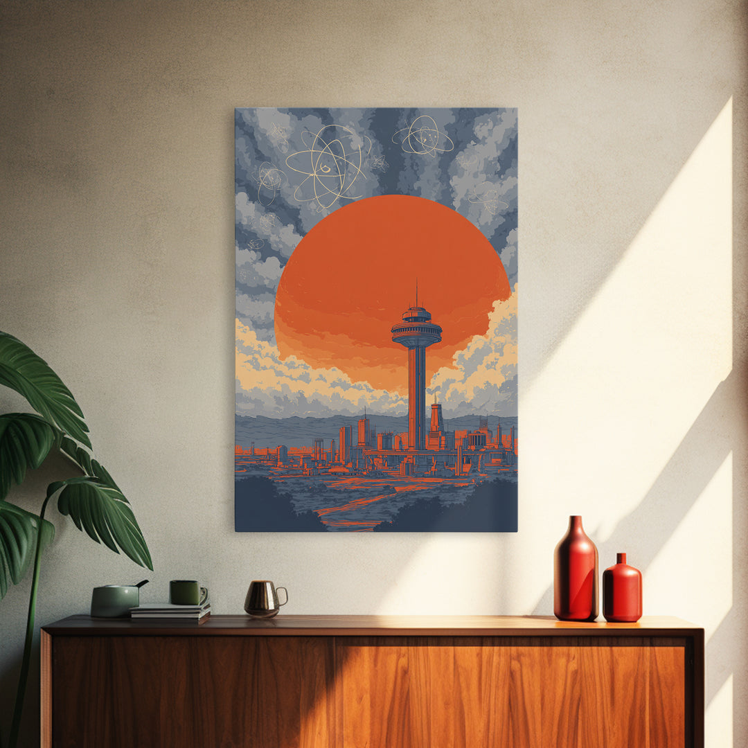 Space Needle Skyline With Orange Sun Wall Art, Mid Century Modern Print, Atomic Retro Poster, Seattle Inspired City Decor