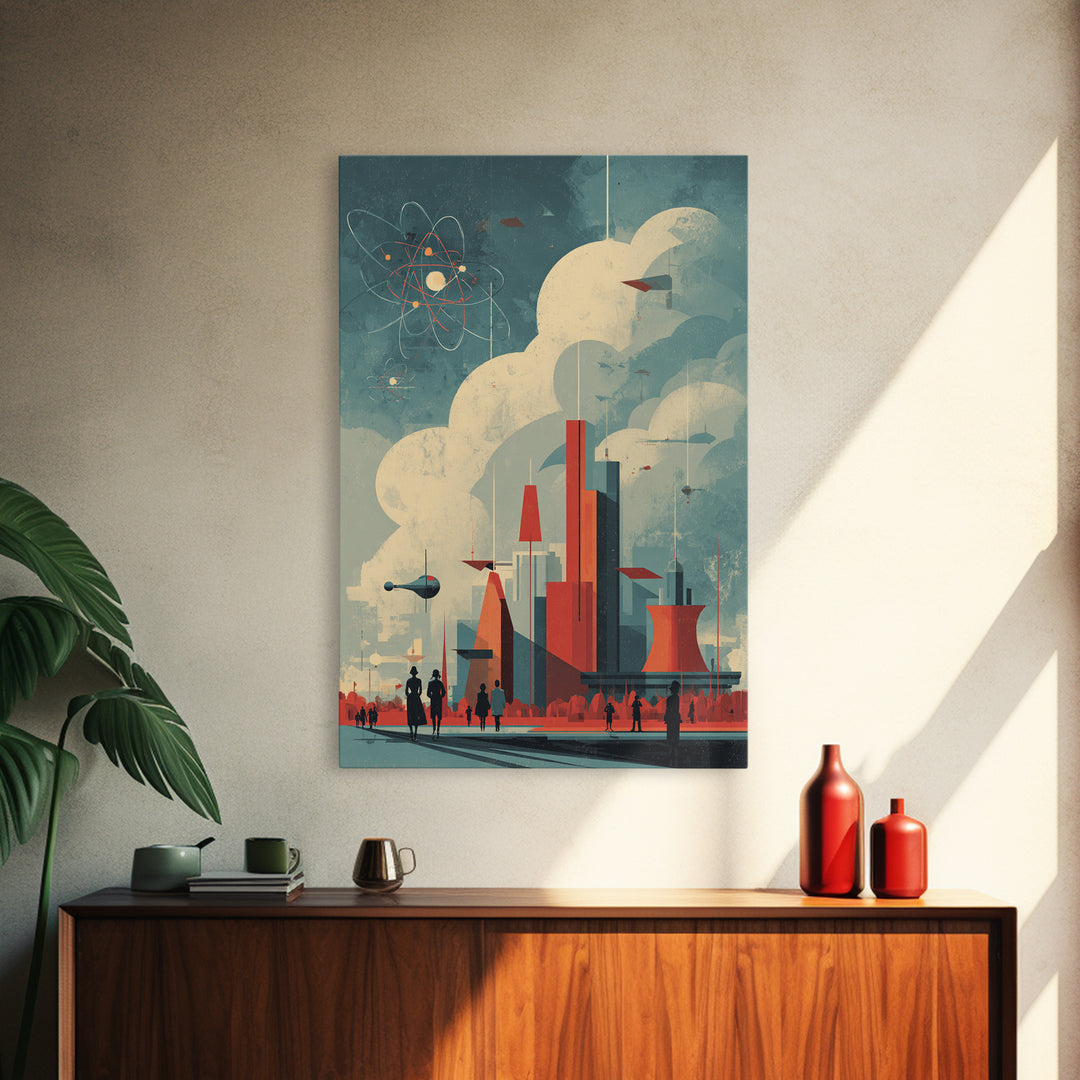 Retro Futuristic City With Red Towers Canvas Print, Mid Century Modern Wall Art, Atomic Sci Fi Poster, Geometric Home Decor