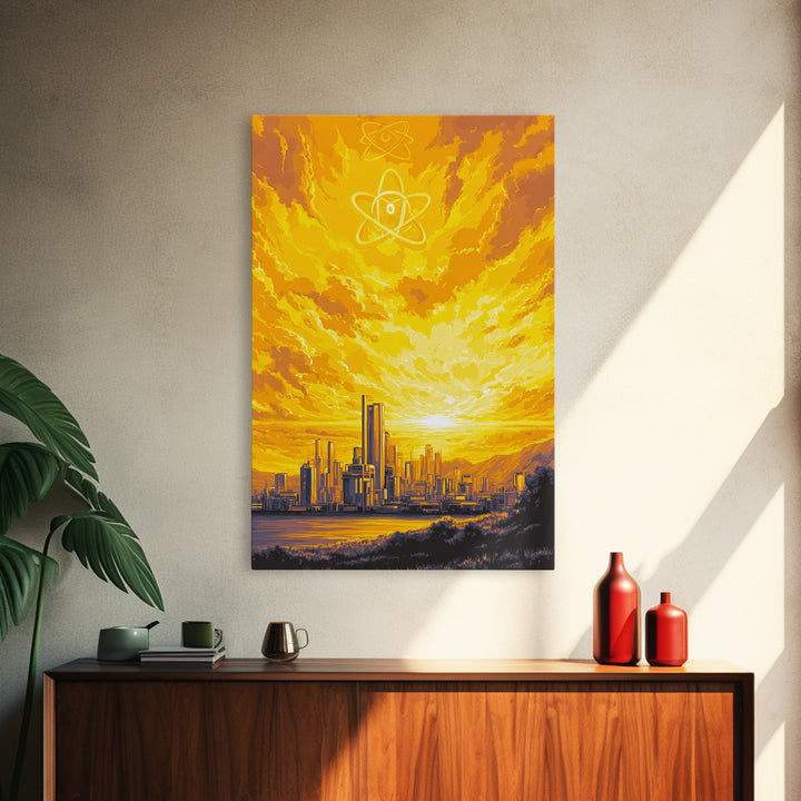 Golden Atomic Skyline At Sunset Framed Canvas Print, Mid Century Modern Wall Art, Yellow Poster, Retro Futuristic City Decor
