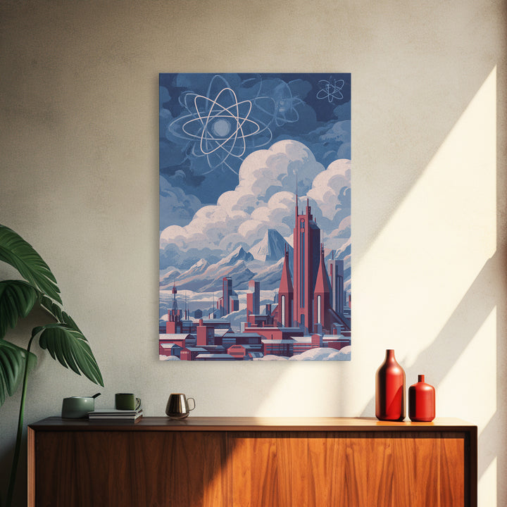 Atomic Futuristic City Under Clouds Wall Art, Retro Sci Fi Skyline, Midcentury Modern Art, Space Age Decor, MCM Poster Prints