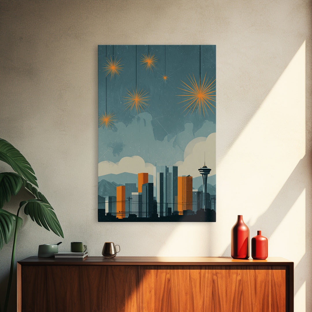 Seattle Skyline With Orange Starbursts Wall Art, Midcentury Modern Decor, Space Needle Print, Retro Cityscape Poster Home Decor