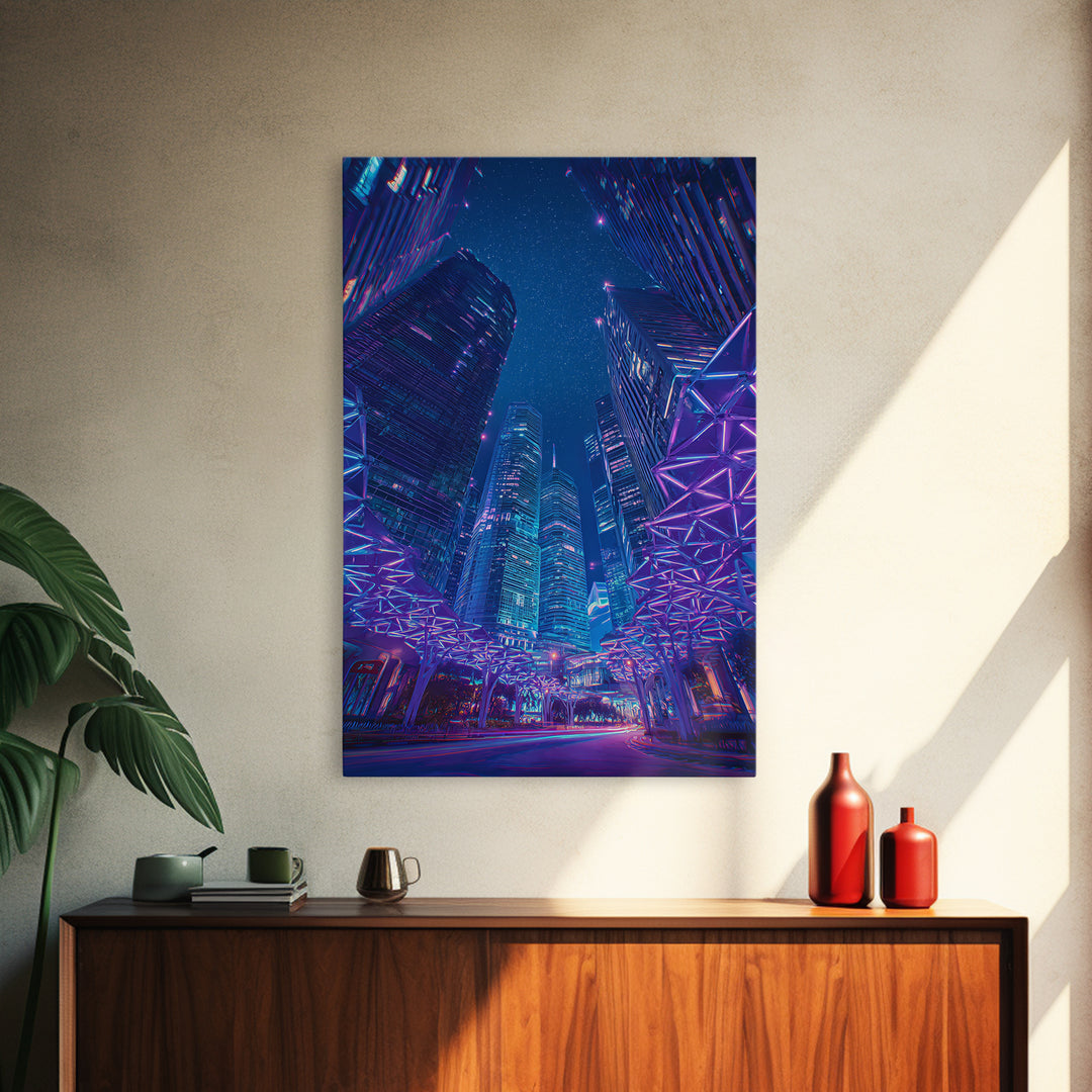 Neon Cyberpunk Skyscraper City Canvas Print, Modern Wall Art, Blue Purple Urban Night Poster Print, Contemporary Office Decor