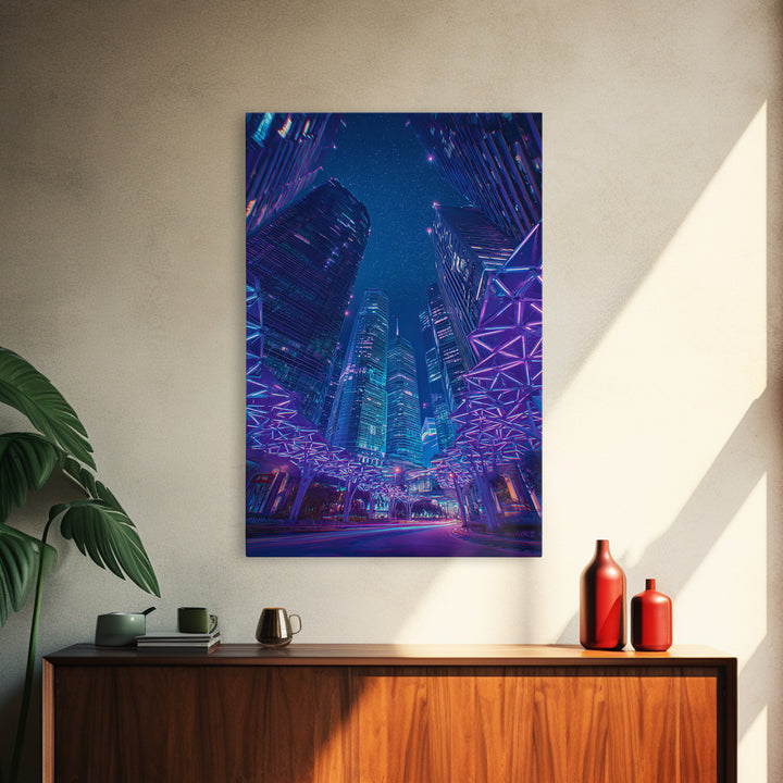 Neon Cyberpunk Skyscraper City Canvas Print, Modern Wall Art, Blue Purple Urban Night Poster Print, Contemporary Office Decor