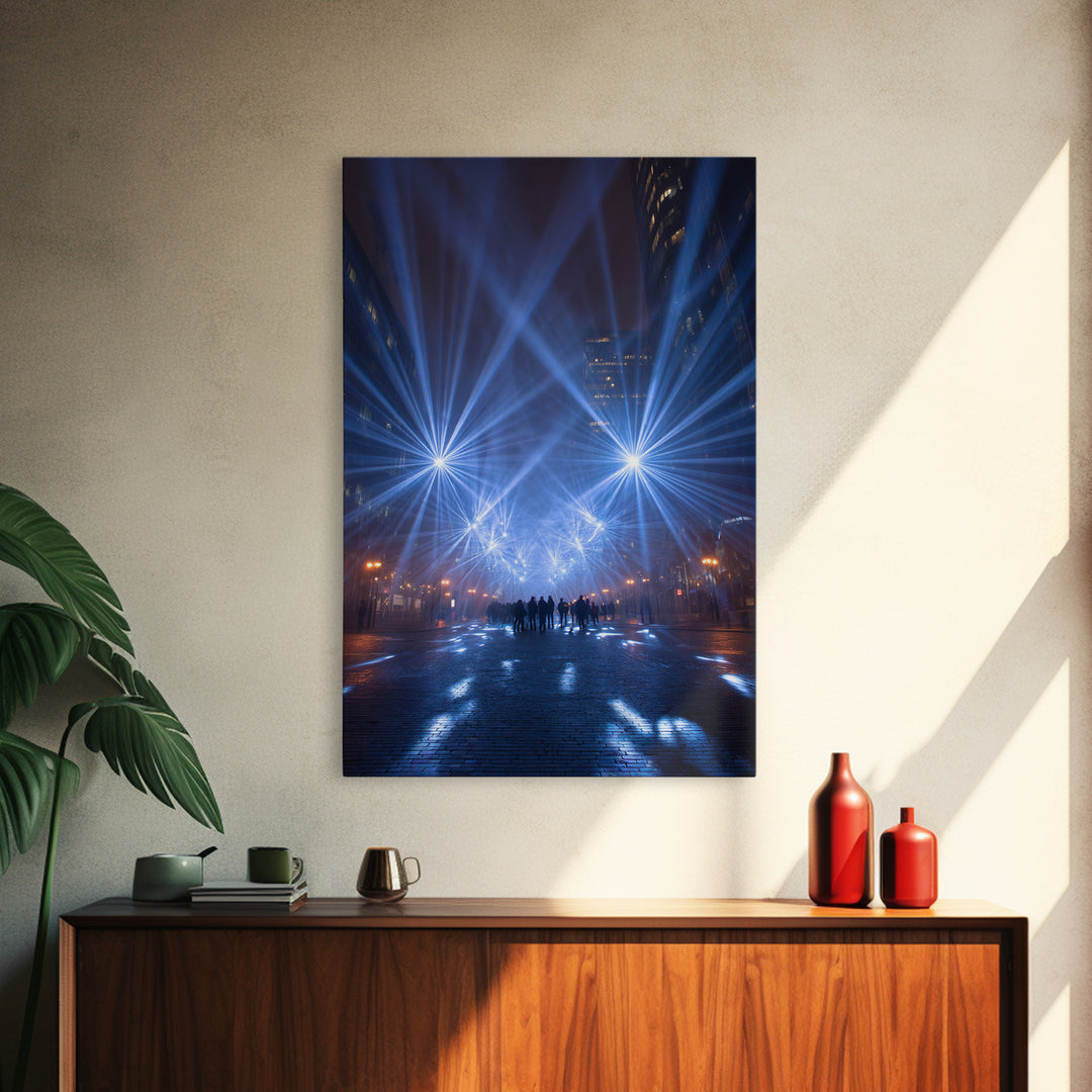 Rainy Night City Light Beams Wall Art, Modern Urban Photography Print, Blue Black Office Decor, Dramatic Skyline Poster Print
