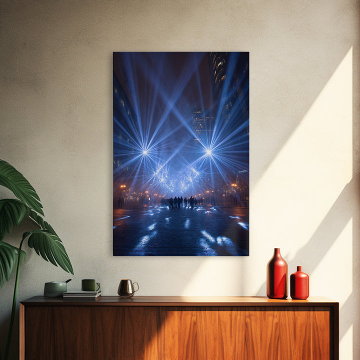 Rainy Night City Light Beams Wall Art, Modern Urban Photography Print, Blue Black Office Decor, Dramatic Skyline Poster Print