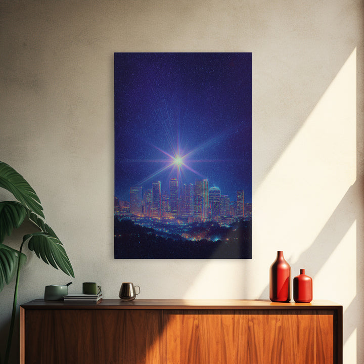 Bright Star Over Night Skyline Canvas Print, Modern Wall Art, Blue City Lights Poster, Space Abstract Art, Bedroom Decor Print