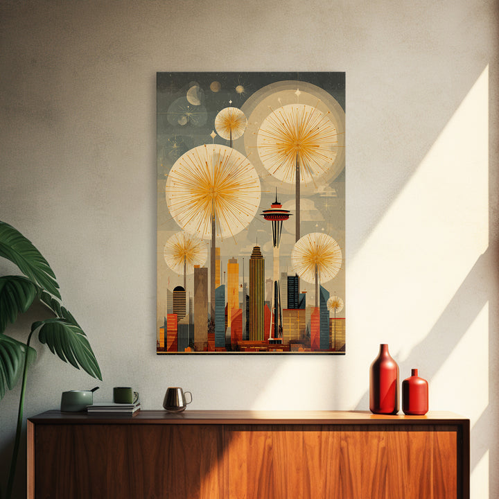 Seattle Space Needle Sunbursts Wall Art, Midcentury Modern Art, Retro City Skyline Poster, Atomic MCM Home Decor Print Gift