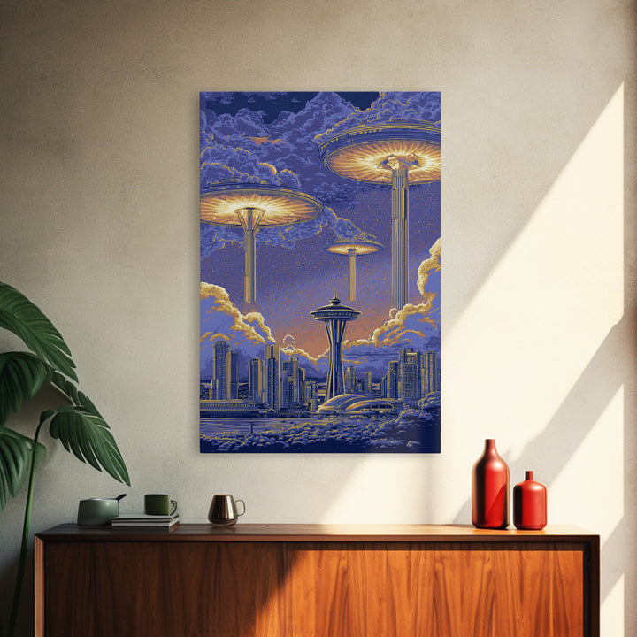 Floating Saucer Towers Above Skyline Framed Canvas Print, Retro Sci Fi Wall Art, Futuristic City Decor, Space Age Poster Print