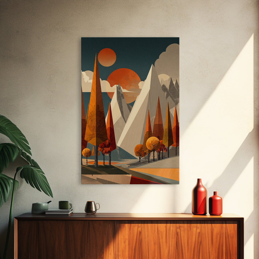 Orange Suns Alpine Peaks Wall Art, Midcentury Modern Mountain Print, Retro Geometric Landscape, MCM Cabin Decor For Living Room