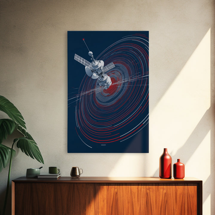 Orbiting Satellite With Red Signal Rings Wall Art, Modern Sci Fi Poster, Space Abstract Art Print, Futuristic Office Decor