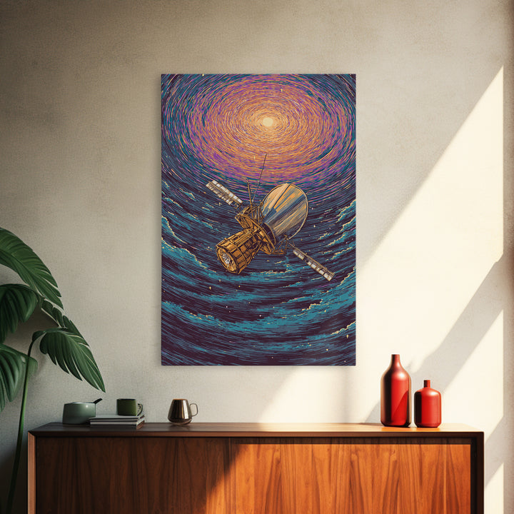 Golden Satellite In Starry Vortex Framed Canvas Print, Space Abstract Wall Art, Modern Sci Fi Poster, Cosmic Retro Decor