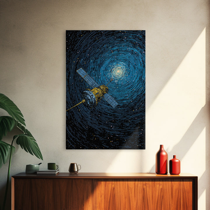 Blue Satellite Drifting Through Star Vortex Canvas Print, Modern Space Wall Art, Sci Fi Poster, Astronomy Office Decor Gift