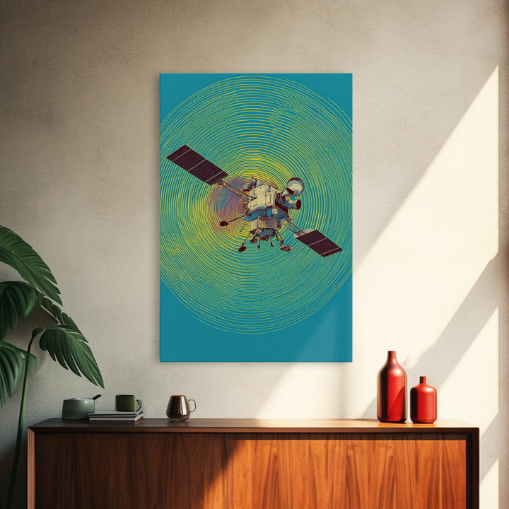 Lunar Probe With Neon Signal Waves Wall Art, Midcentury Modern Space Poster, Colorful Sci Fi Print, Retro Office Decor Gift
