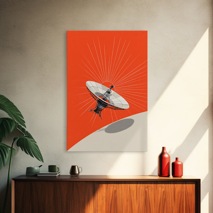 Satellite Dish Over Orange Planet Framed Canvas Print, Retro Space Wall Art, Modern Sci Fi Poster, Bold Office Decor Gift