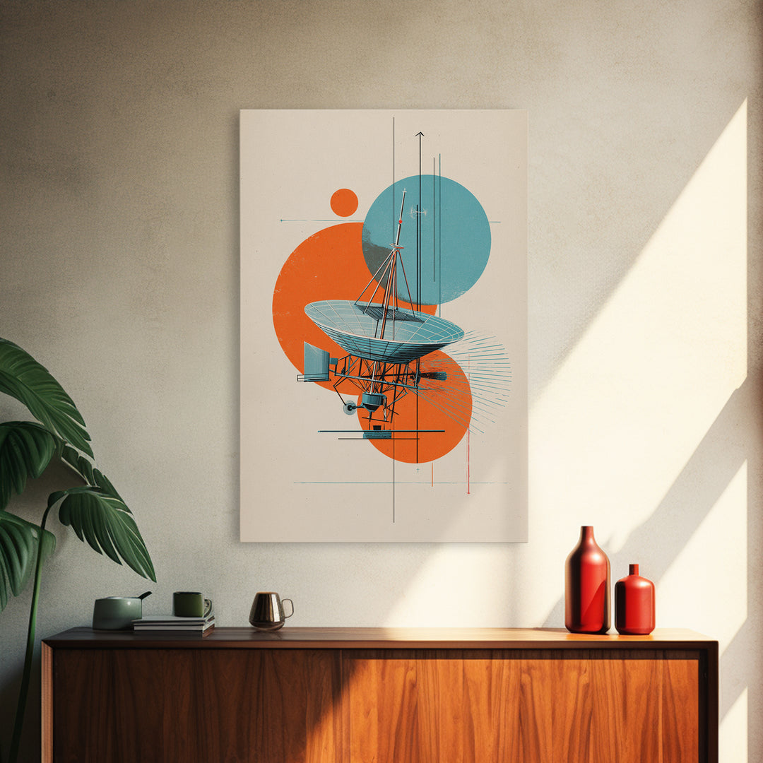 Abstract Radio Telescope With Orange Teal Circles Wall Art, Bauhaus Midcentury Modern Poster, Geometric Office Decor Print