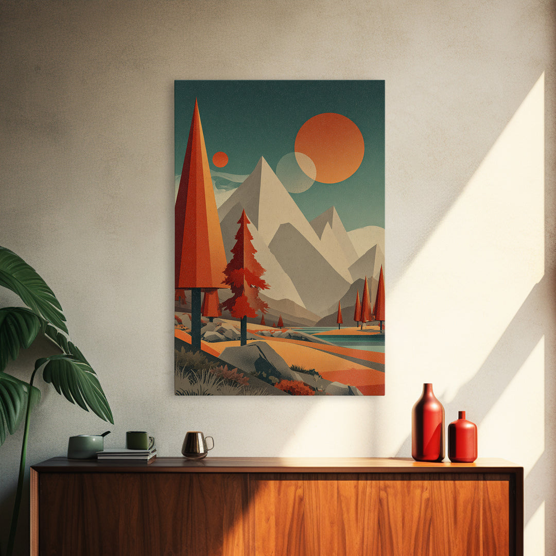 Pyramid Peaks And Orange Suns Framed Canvas Print, Midcentury Modern Alpine Landscape, Retro Mountain Lake Wall Decor For Cabin Living Room