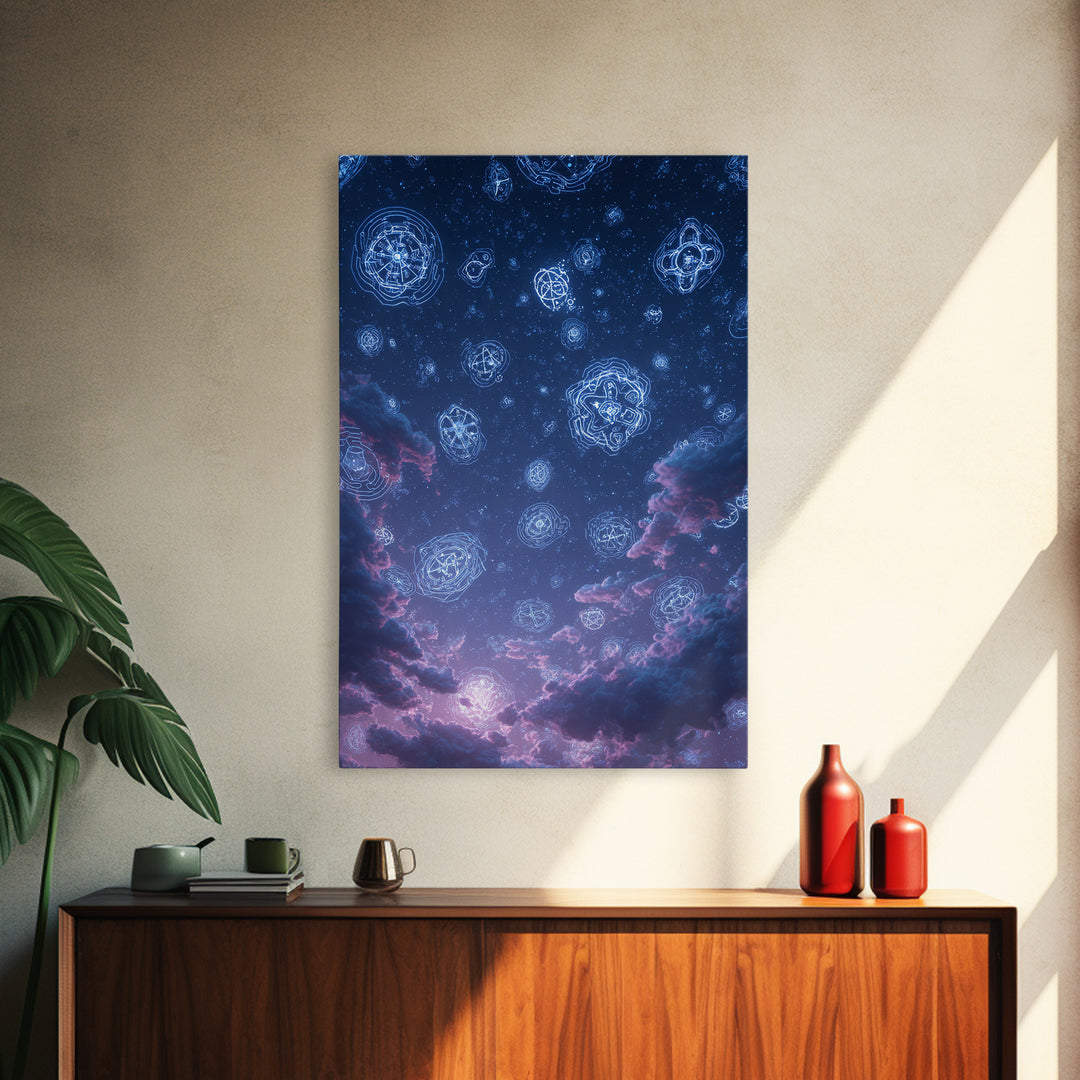 Glowing Celestial Glyphs In Starry Clouds Wall Art, Mystical Space Abstract Poster, Modern Wall Decor, Blue Cosmic Art Print