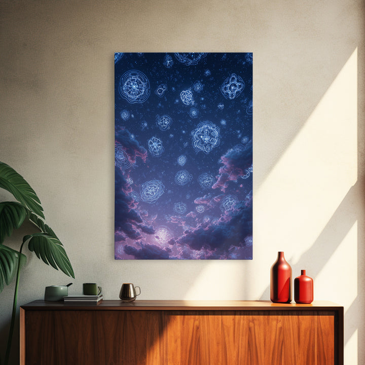 Glowing Celestial Glyphs In Starry Clouds Wall Art, Mystical Space Abstract Poster, Modern Wall Decor, Blue Cosmic Art Print