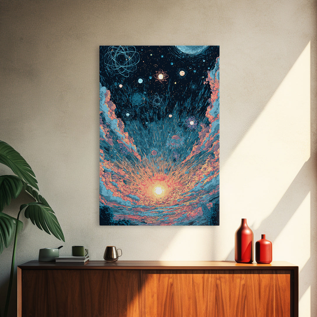 Retro Space Sunrise With Planets And Atoms Canvas Print, Midcentury Modern Art, Atomic Poster, Colorful Wall Decor, Retro Art Print