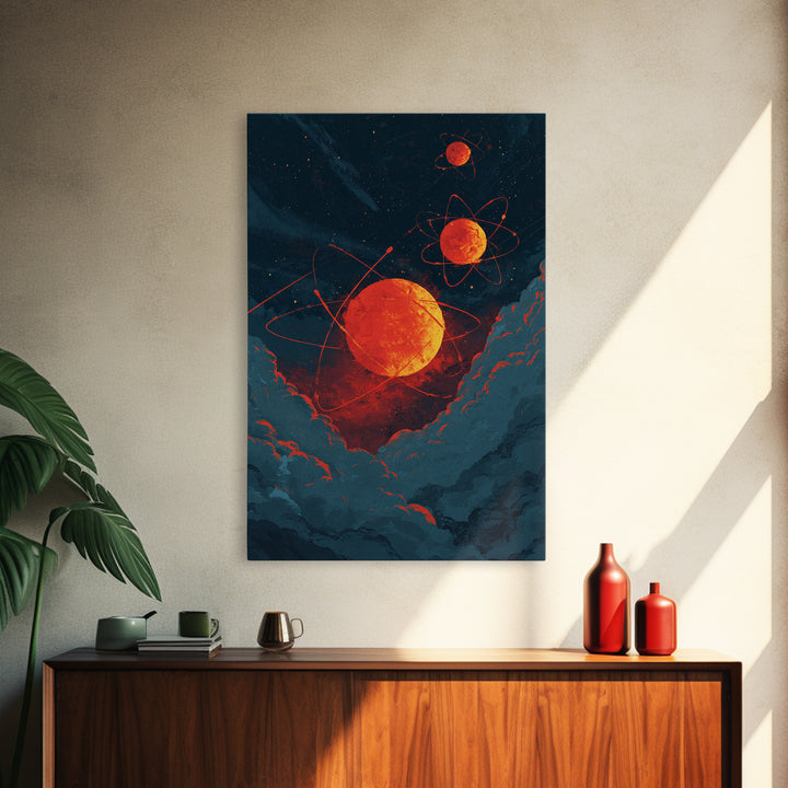 Fiery Red Atomic Planets In Dark Clouds Wall Art, Retro Sci Fi Poster, Modern Abstract Art, Orange Black Space Decor, Mcm Wall Art