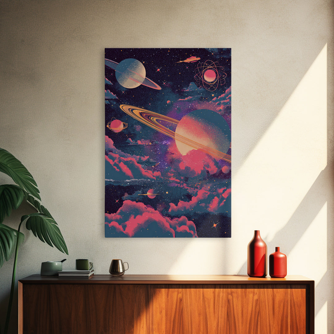 Neon Saturn Planets Above Pink Clouds Framed Canvas Print, Retro Space Poster, Modern Wall Art, Cosmic Home Decor, 70s Art Print