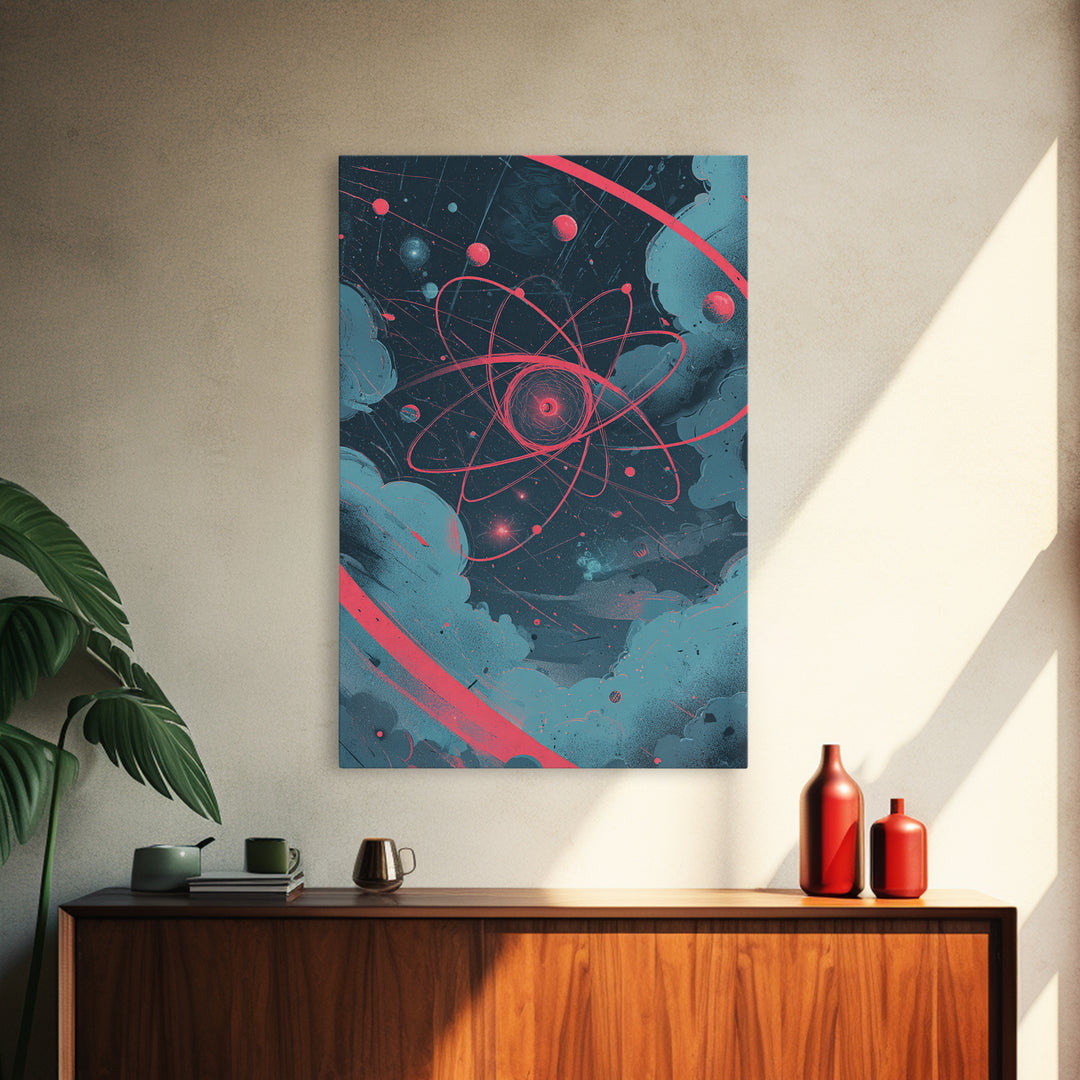 Neon Pink Atom Orbit In Teal Space Canvas Print, Atomic Retro Poster, Modern Abstract Art, Geometric Wall Decor, Mcm Artwork