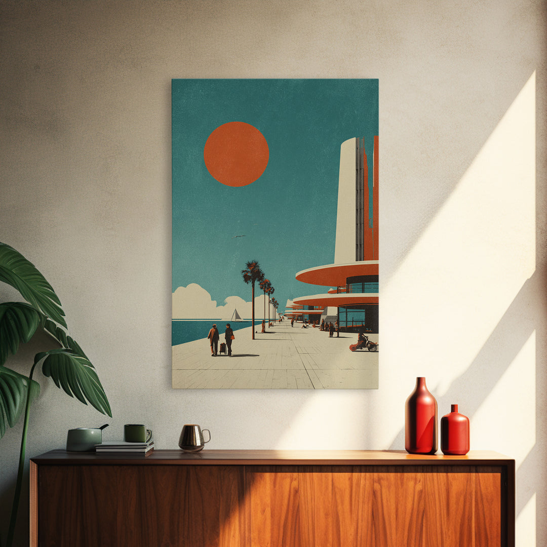 Midcentury Seaside Promenade With Orange Sun Framed Canvas Print, Palm Springs Art, Retro Travel Poster, Modern Wall Decor