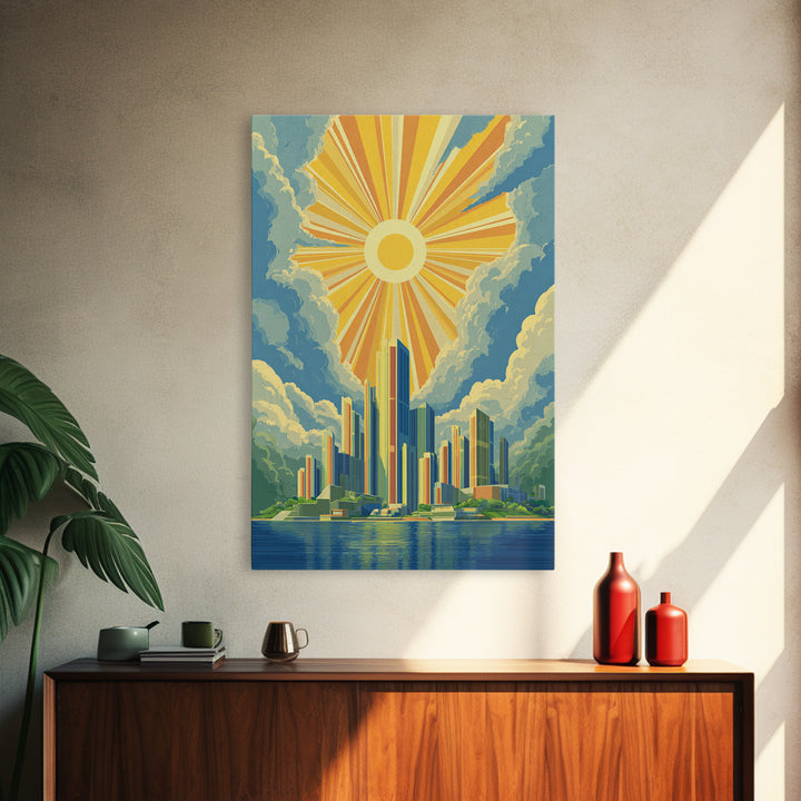 Radiant Futuristic City Sunrise Wall Art, Midcentury Modern Art Print, Retro Skyline Poster, MCM Wall Decor, Living Room Decor