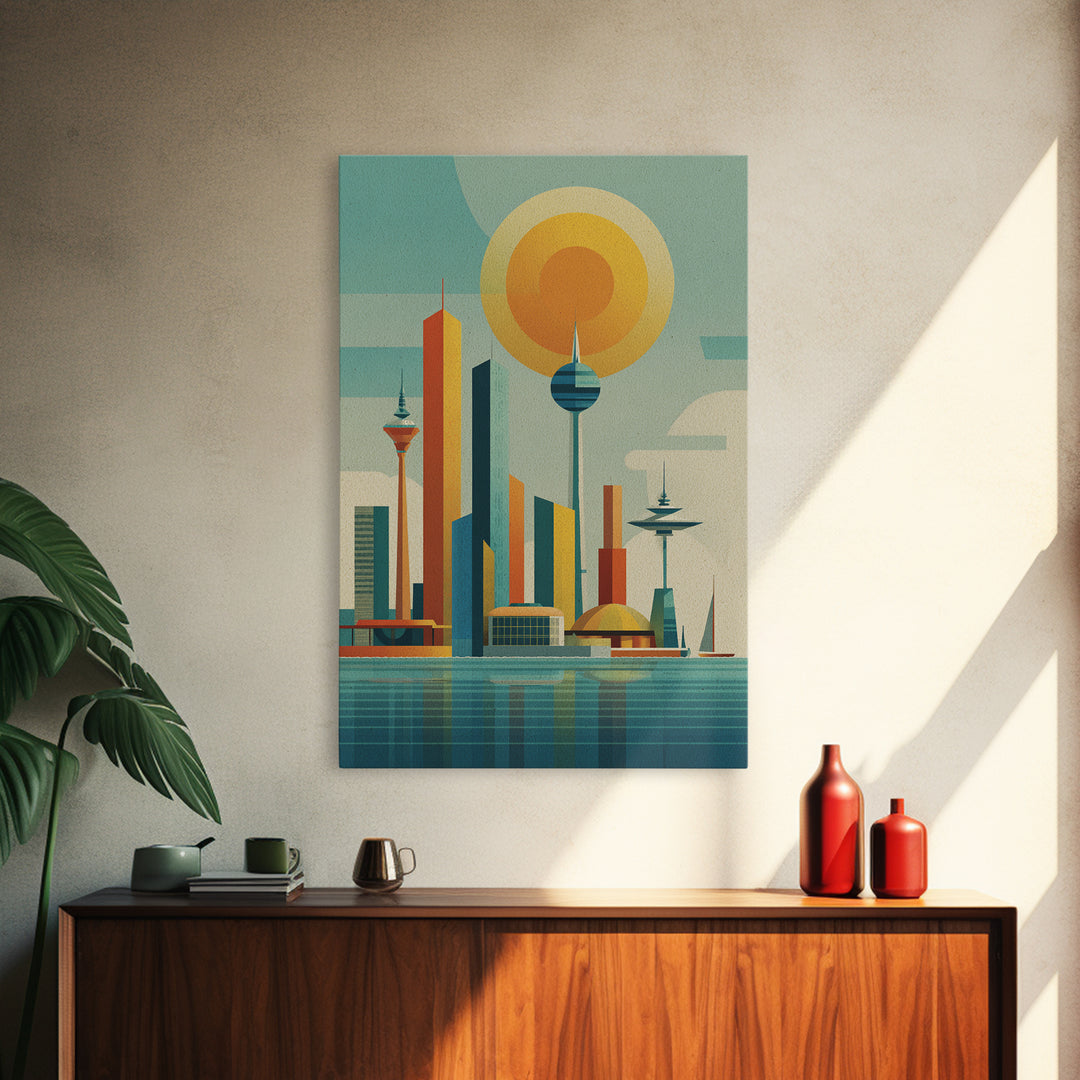 Retro Futuristic Skyline With Orb Sun Canvas Print, Midcentury Modern Wall Art, Atomic City Poster, MCM Decor, Office Wall Decor