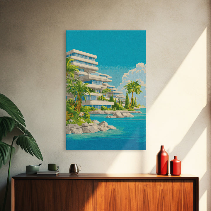 Tropical Modernist Coastal Resort Wall Art, Midcentury Modern Art Print, Palm Tree Ocean Poster, Beach House Decor, Living Room Decor