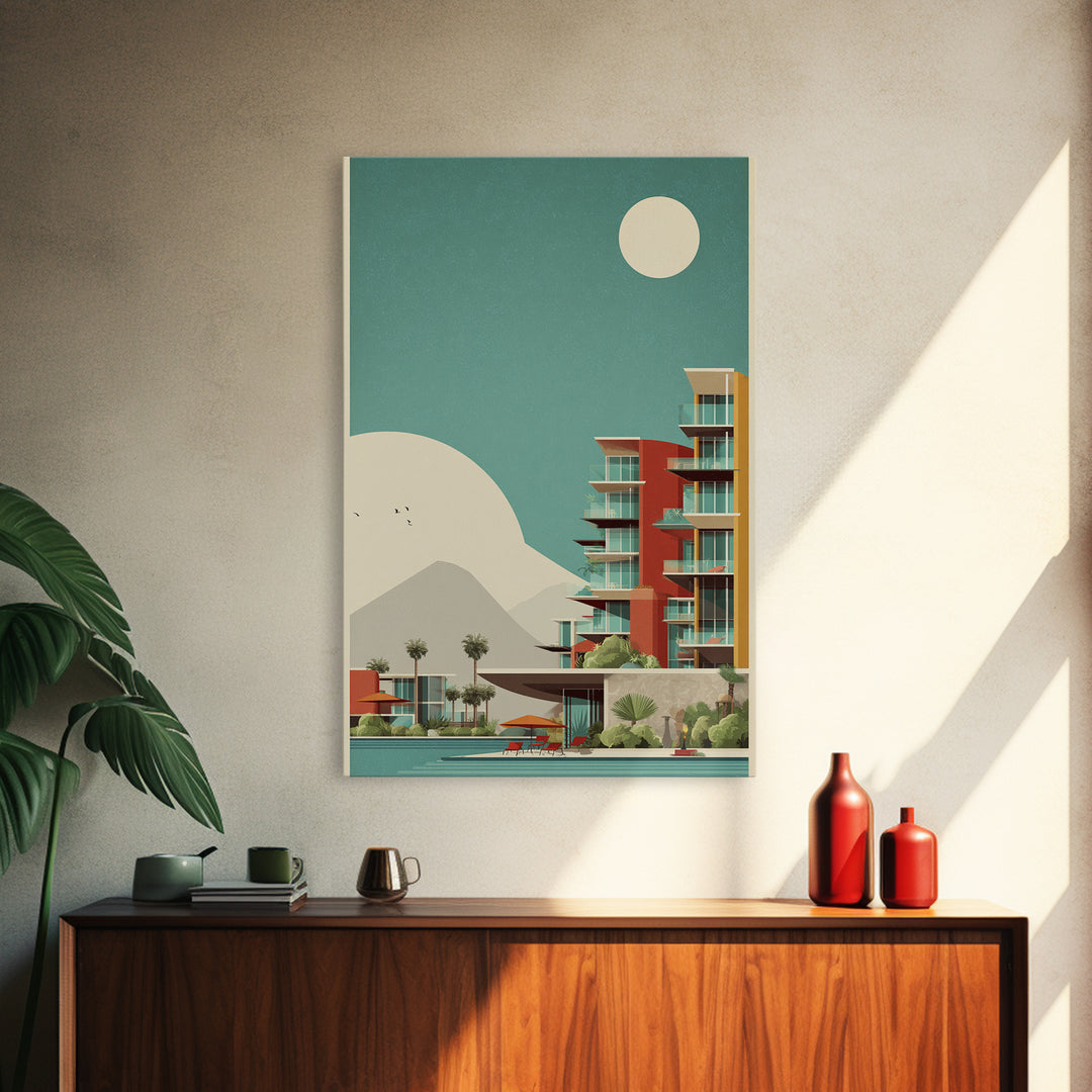 Desert Modern Resort With Moon Framed Canvas Print, Midcentury Modern Wall Art, Palm Springs Poster, Southwestern Home Decor
