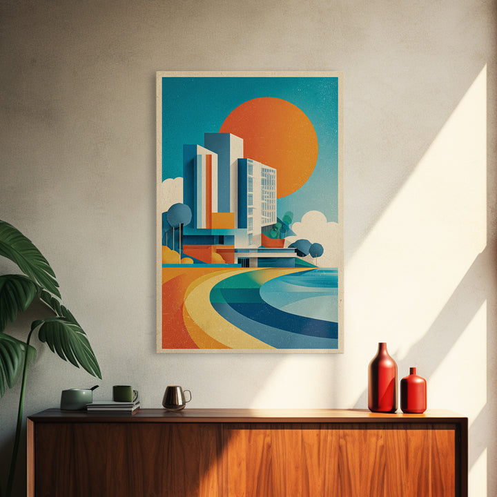 Geometric Modern Building Sunrise Canvas Print, Midcentury Modern Wall Art, Color Block Poster, Bright Abstract Home Decor