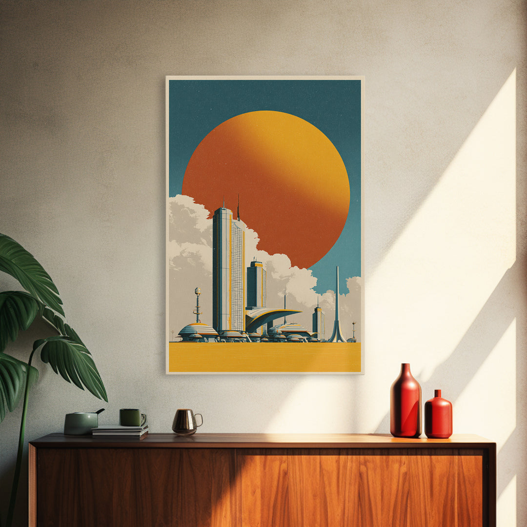 Futuristic City Under Orange Sun Framed Canvas Print, Midcentury Modern Wall Art, Retro Sci Fi Poster, Living Room Decor