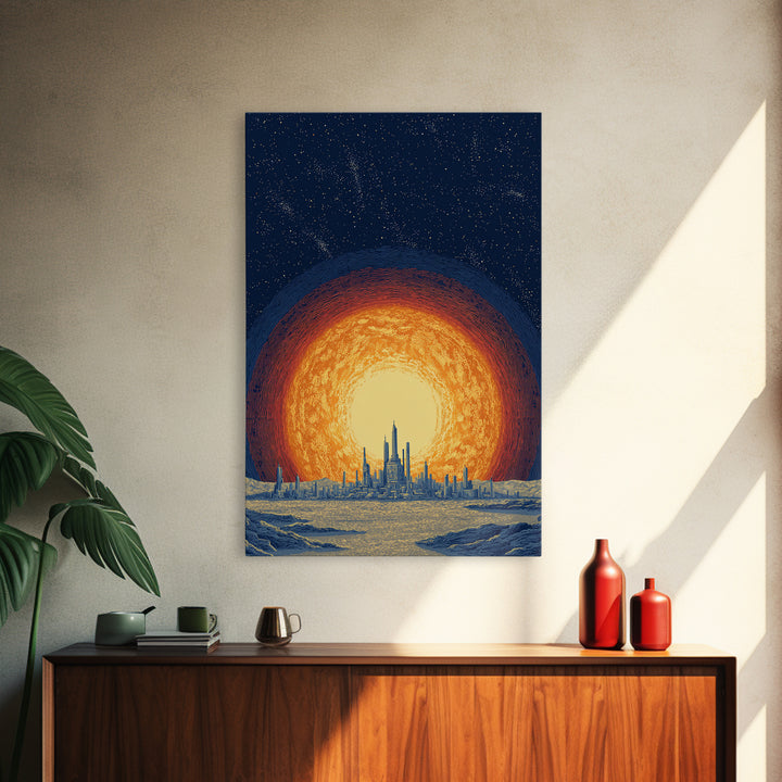 Blazing Solar City At Night Wall Art, Futuristic Midcentury Modern Art Print, Cosmic Retro Poster, Sci Fi Wall Decor, Office Decor