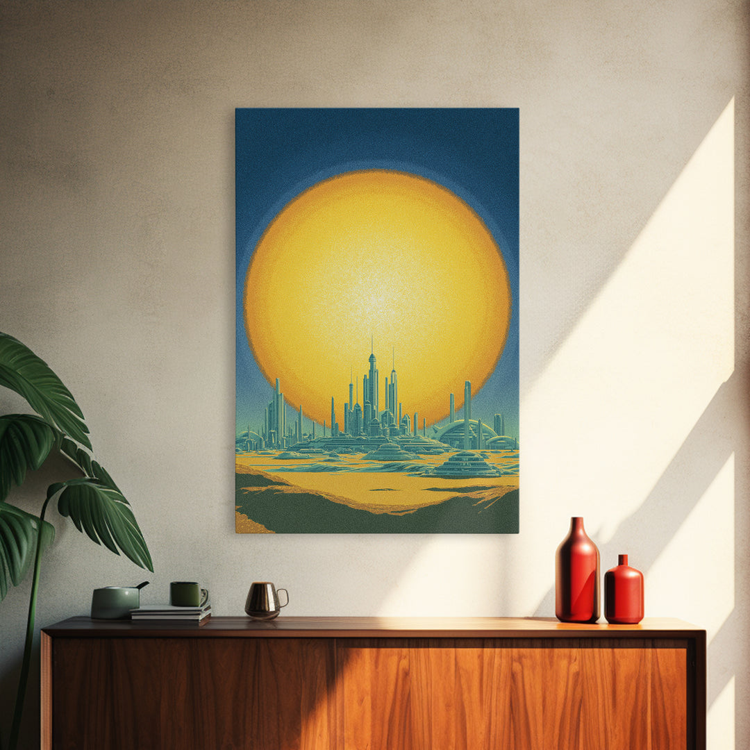 Golden Sun Futuristic Desert Skyline Canvas Print, Midcentury Modern Wall Art, Retro Sci Fi Poster, Modern Living Room Decor