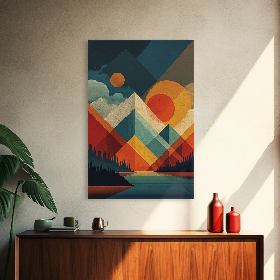 Geometric Mountain Lake Wall Art, Midcentury Modern Abstract Landscape Print, Orange Sun MCM Poster For Living Room Home Decor