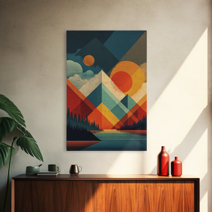 Geometric Mountain Lake Wall Art, Midcentury Modern Abstract Landscape Print, Orange Sun MCM Poster For Living Room Home Decor
