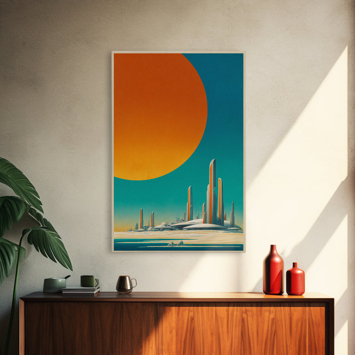 Minimalist Future Towers With Giant Sun Wall Art, Midcentury Modern Art Print, Retro Sci Fi Poster, Abstract Desert Decor