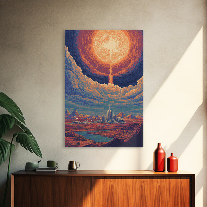 Radiant Solar City And Desert Canyon Wall Art, Retro Sci Fi Landscape Poster, Midcentury Modern Decor, Futuristic Art Print