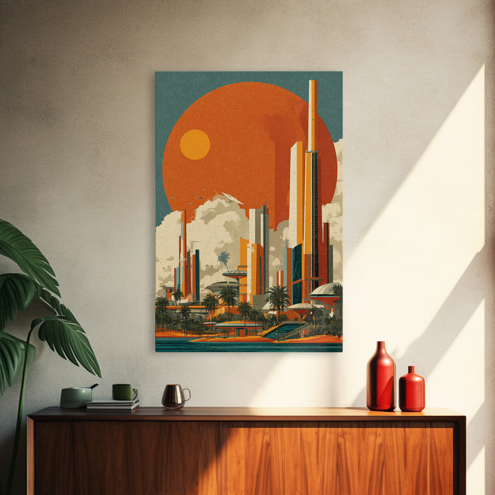 Orange Sun Futuristic Palm City Canvas Print, Retro Travel Poster, Midcentury Modern Wall Decor, Palm Springs Style Art Print