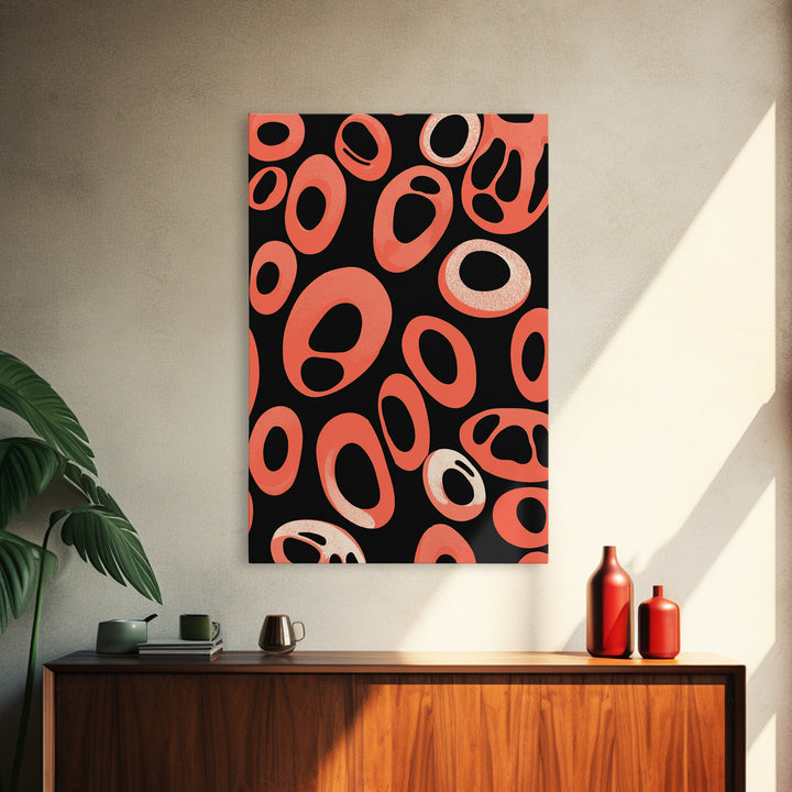 Coral Oval Rings On Black Canvas Print, Bold Retro Abstract Poster, Midcentury Modern Decor, Orange Geometric Wall Art Print