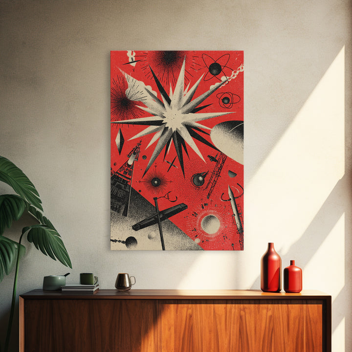 Red Atomic Starburst Space Scene Canvas Print, Retro Sci Fi Poster, Midcentury Modern Wall Decor, Futuristic Art Print Gift